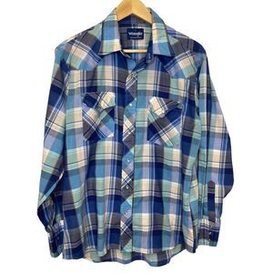 Vtg Wrangler Mens Large Western Shirt Blue Teal Plaid‎ Pearl Snap Buttons